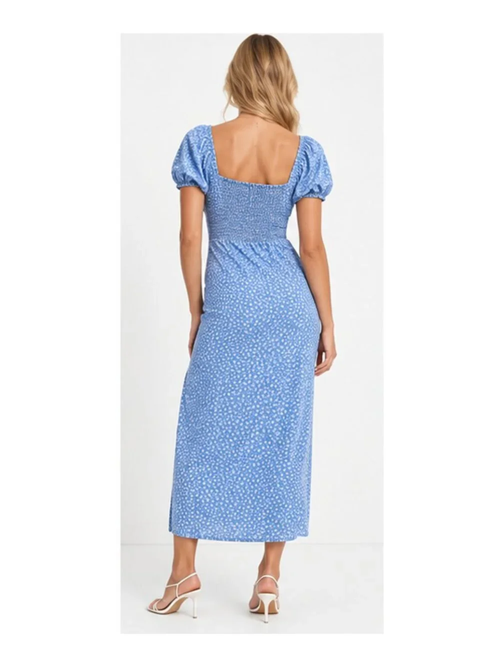 NA-KD Light Blue Floral Puff Sleeve Ruched Midi Dress Side Slit 6 S